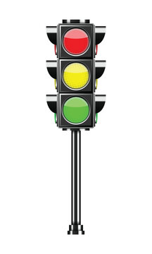Realistic traffic light showing red yellow and green signals on a white background