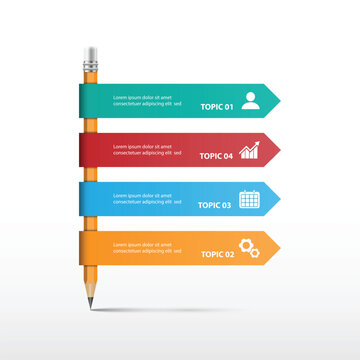 Infographic design with pencil shaped arrows and topic labels vector illustration