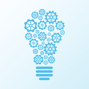 Lightbulb shaped from gears and cogs vector illustration on a light blue gradient background