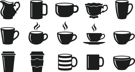 Fototapeta premium Coffee cup and tea mug black silhouette set with hot drinks disposable cups and pitchers vector illustration,