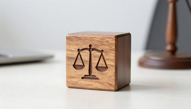 Title: A single light wood block cube engraved with a classic scales of justice icon sits against a dark charcoal grey background, created with generative ai.

