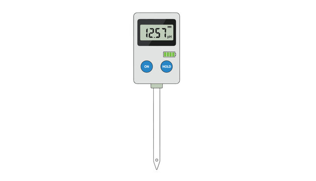 Digital soil pH tester vector graphic featuring a detailed reading display, control buttons, and a long probe on white background.