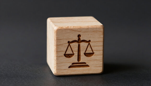 Title: A single light wood block cube engraved with a classic scales of justice icon sits against a dark charcoal grey background, created with generative ai.
