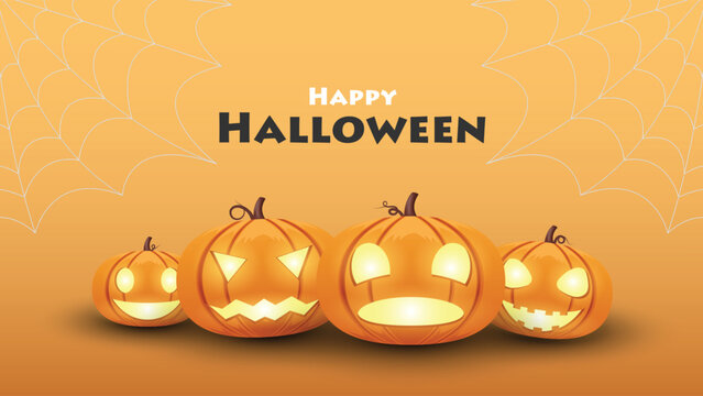 Happy Halloween illustration with jackolanterns and spiderwebs on a warm orange background