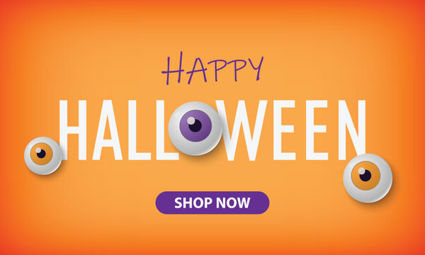 Happy Halloween text with spooky eyes and shop now button on orange background