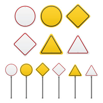 Collection of yellow and white road signs with metal posts on a white background