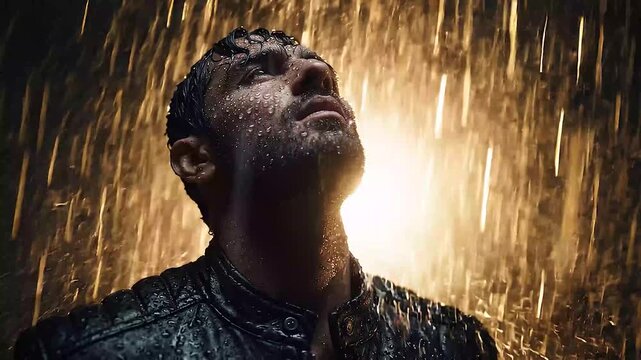 Man Under Golden Rain A man with a determined gaze looks up his face and leather jacket slick with golden rain illuminated by a warm glowing light