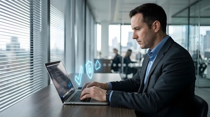 Fototapeta premium Businessman using laptop with cybersecurity holograms for data protection in modern office.