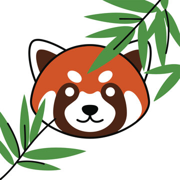 Cute cartoon red panda face with bamboo leaves vector illustration