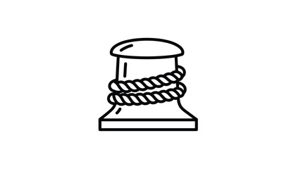 Naklejka premium Mooring bollard with thick rope wrapped around it in simple black outline vector illustration style on white background.