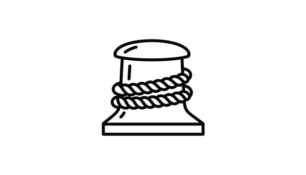 Mooring bollard with thick rope wrapped around it in simple black outline vector illustration style on white background.