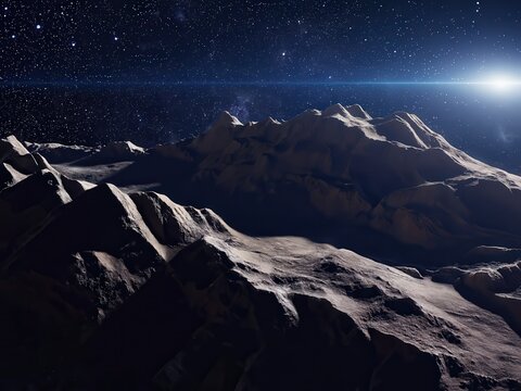 Snowy mountain range under bright cosmic night sky