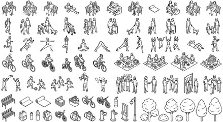 Isometric vector set showing diverse park visitors and recreational objects.