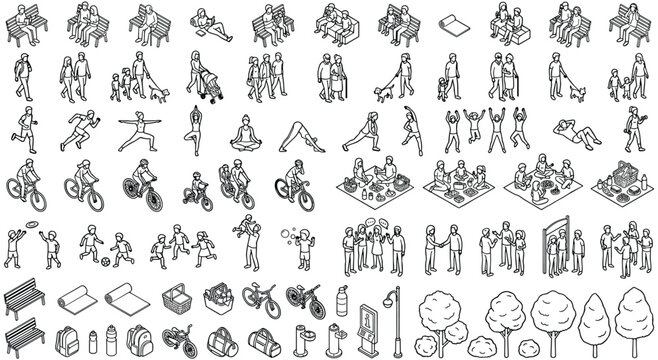 Isometric vector set showing diverse park visitors and recreational objects.
