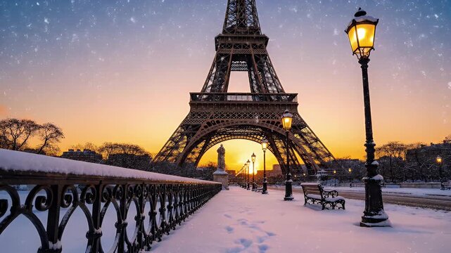Snowy Paris Evening Scene Featuring the Eiffel Tower at Sunset, Illuminated Lamps, and Ornate Railings