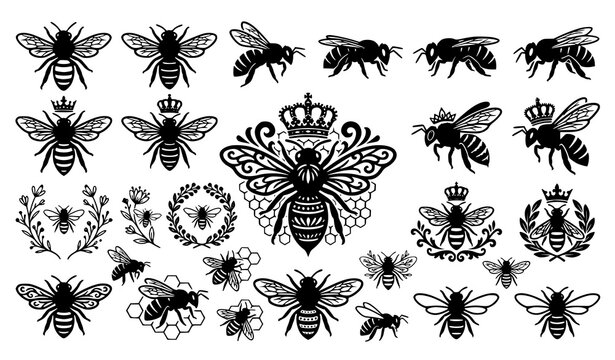 Elegant queen bee silhouette vector icon set
