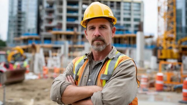 Construction Worker Portrait: A seasoned construction worker, wearing a yellow hard hat and safety vest, stands confidently with arms crossed at a busy building site.