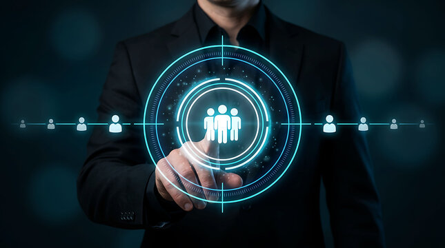 Businessman touching digital interface for target audience and human resources