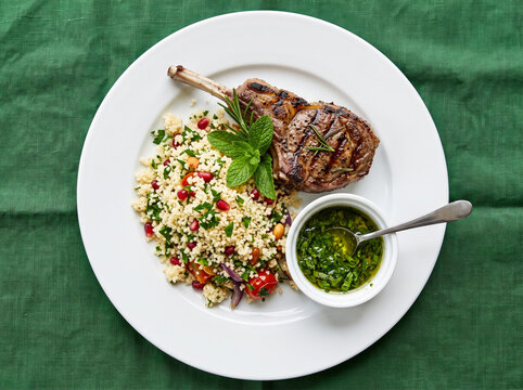 Grilled lamb chop with couscous salad, pomegranate, mint, and chimichurri sauce.