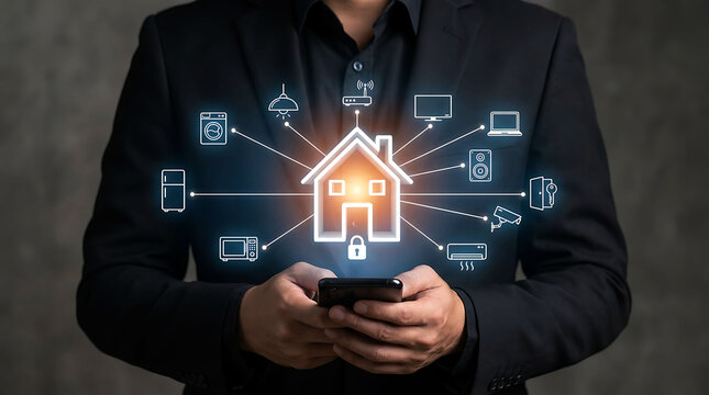 Businessman controlling smart home automation interface with smartphone application