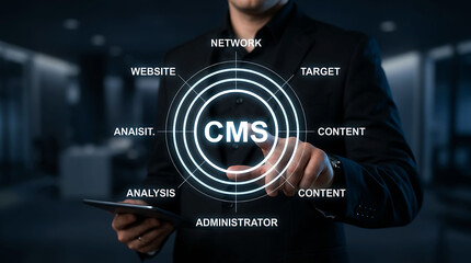 Fototapeta premium Business person touching CMS interface content management system network concept