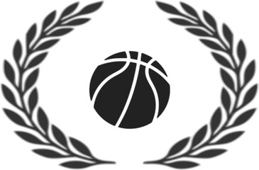 A minimalist black and white vector logo featuring a basketball icon encircled by a traditional laurel wreath, symbolizing victory, sportsmanship, basketball championship, and athletic achievement. © Daminhudi