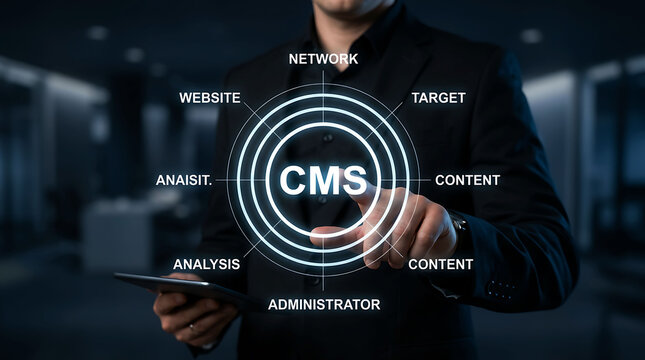 Business person touching CMS interface content management system network concept