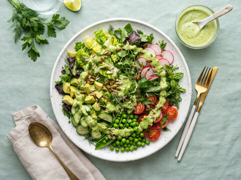 Vibrant green salad with avocado, cucumber, peas and creamy dressing overhead view.
