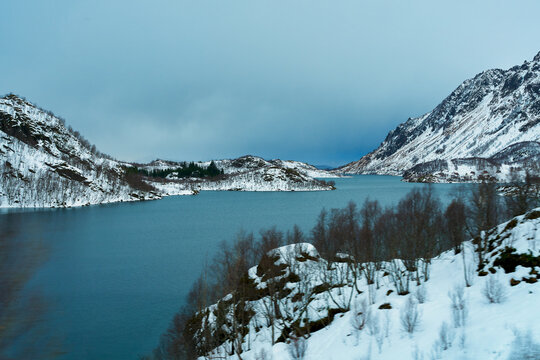 Stunning winter landscape of a serene blue fjord winding through snow-covered mountains in Lofoten, Norway. Beautiful scenic view of Arctic nature and bare trees under an overcast sky in Scandinavia.
