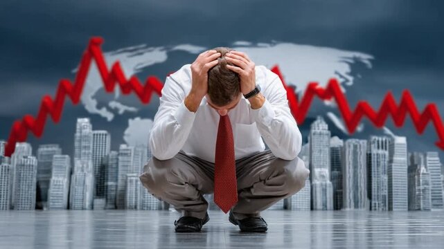 Financial Ruin: A businessman crouches in despair, head in hands, against a backdrop of a falling red stock market graph and a cityscape, symbolizing economic downturn and failure.