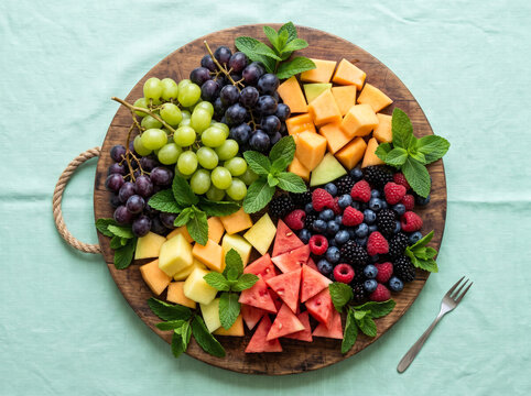 Fresh fruit platter with various berries, grapes, and melon on rustic wooden board.
