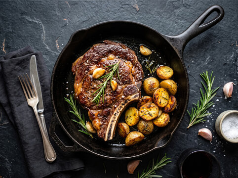 Pan seared ribeye steak with bone in cast iron pan served with roasted potatoes and herbs.