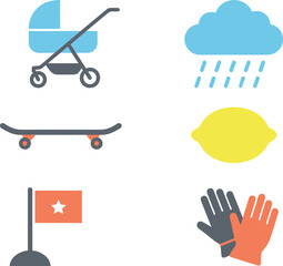 Mixed lifestyle and weather icon set with baby stroller skateboard rain cloud lemon flag and gloves flat vector, © Shukimon