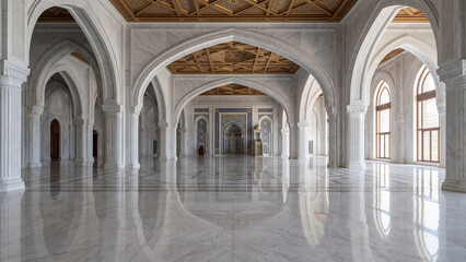 Obraz premium Expansive Islamic prayer hall featuring polished marble floors, elegant arches, abundant natural light, and refined architectural symmetry.
