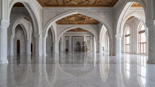 Expansive Islamic prayer hall featuring polished marble floors, elegant arches, abundant natural light, and refined architectural symmetry.