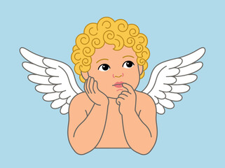 Thinking Cupid Angel Baby Illustration with Blonde Curls and White Wings on Blue Background