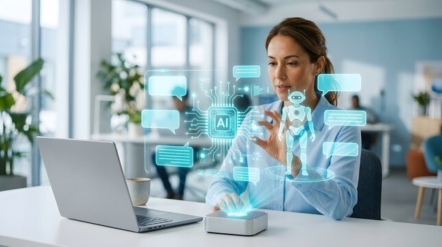 Businesswoman interacting with holographic AI chatbot interface in a modern office.