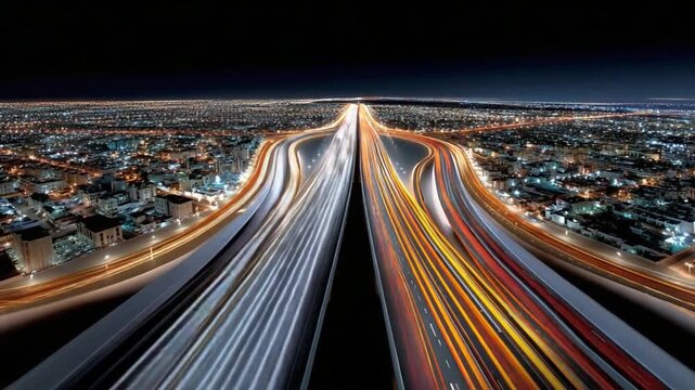 City Highway at Night: A stunning aerial view of a modern city highway at night, with streaks of car headlights and taillights creating a mesmerizing visual symphony of light and motion.