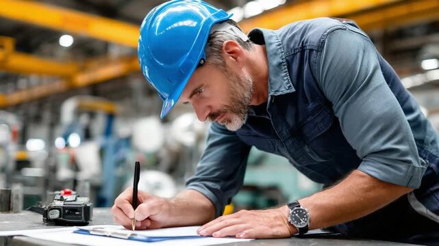 Focused Engineer at Work: A focused engineer, wearing a blue hard hat and denim shirt, meticulously reviews blueprints and takes notes on a clipboard in a modern industrial setting.