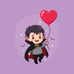 Cute cartoon vampire boy with a red heart balloon, pixel art style, Halloween celebration, spooky fun