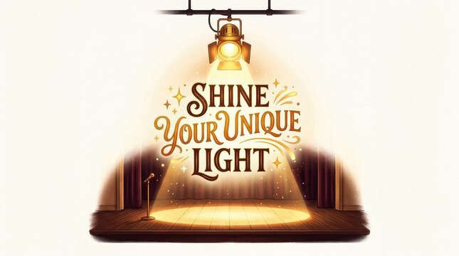 Shine Your Unique Light - Motivational message on a stage with spotlight, microphone, and curtains
