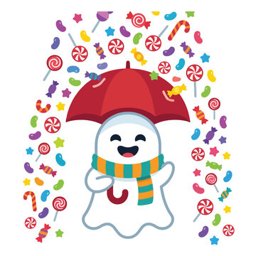 Cute ghost character under red umbrella during candy rain, pixel art style, wearing striped scarf, fun, cheerful, sweet, playful illustration