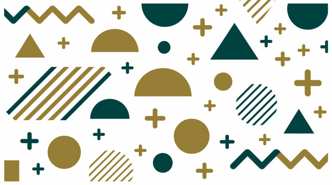 Pattern background with green and gold geometric shapes crosses and wavy line designs.