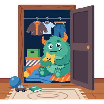 Cute green monster sitting in a closet holding a yellow star, pixel art illustration
