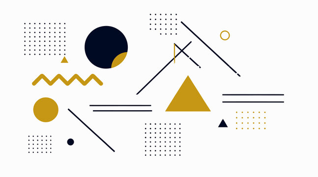 Abstract geometric composition with yellow triangles circles lines and dot pattern grids.