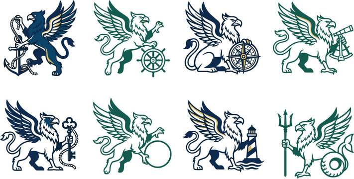 Medieval griffin heraldic crests and mythical fantasy creature nautical logo icons collection isolated on white background