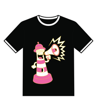 Fun Lighthouse Mascot with Megaphone on Black T Shirt