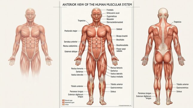 Anterior View Human Male Superficial Muscular System Diagram