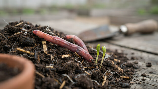 Close-up of pink earthworms in compost soil with emerging sprouts and gardening tools