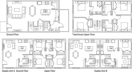 Obraz premium Architectural Residential Floor Plan Collection Featuring Townhouse and Duplex Home Layout Blueprints with Detailed Interior Room Design